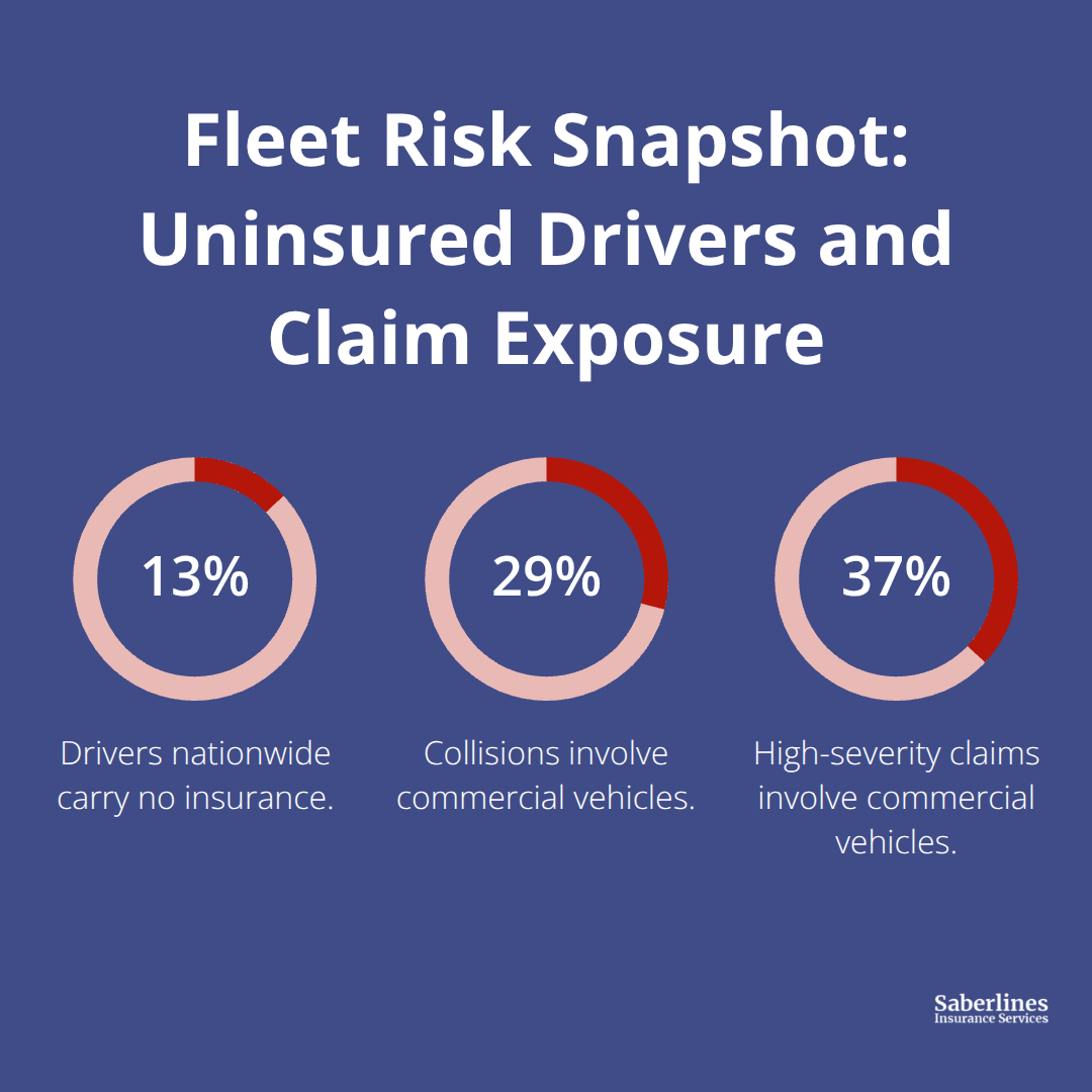 Chart showing 13% of drivers uninsured, 29% of collisions and 37% of high-severity claims involving commercial vehicles. - Commercial auto insurance fleets