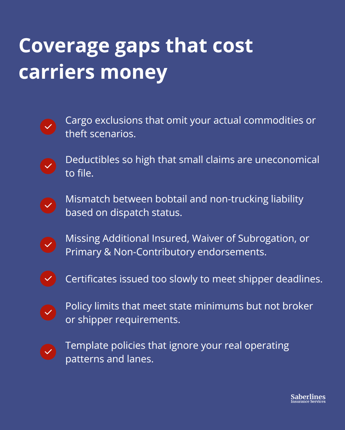 Checklist of common insurance gaps that lead to rejected loads and denied claims in California trucking