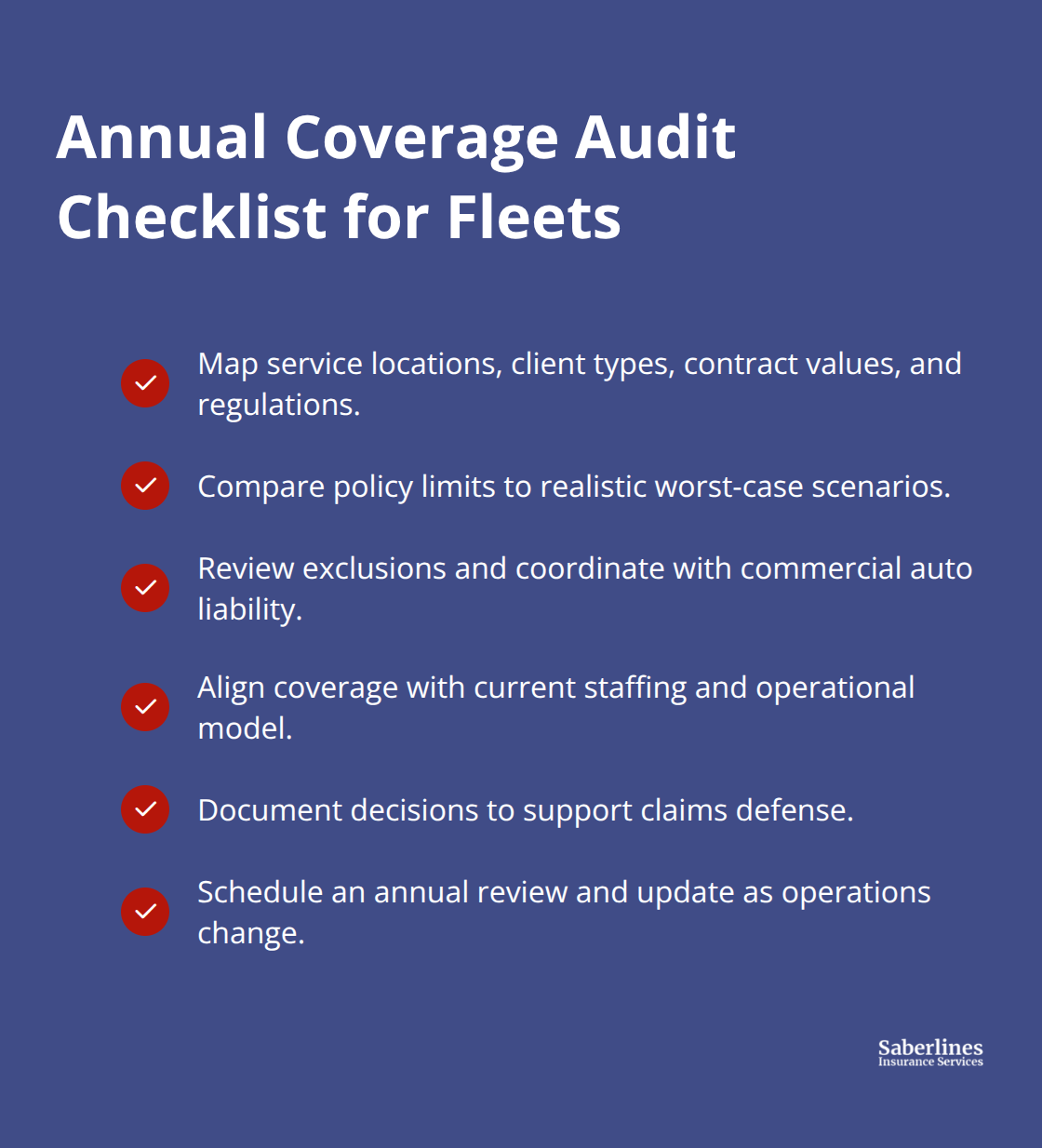Checklist of steps to align fleet operations with general liability policy limits and exclusions.