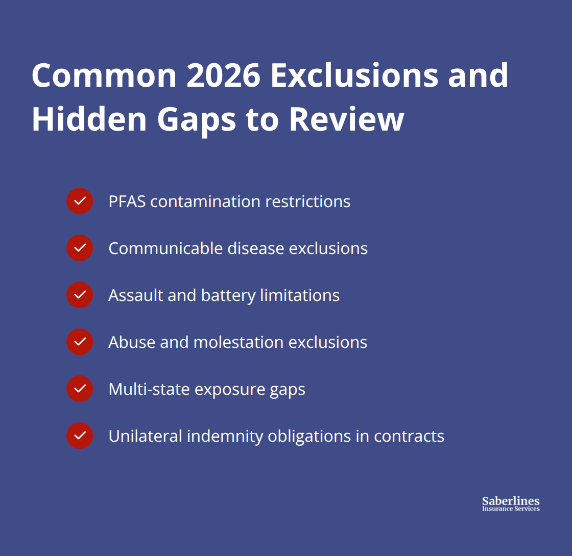 Checklist of exclusions and hidden gaps found in many 2026 general liability policies. - General liability requirements 2026