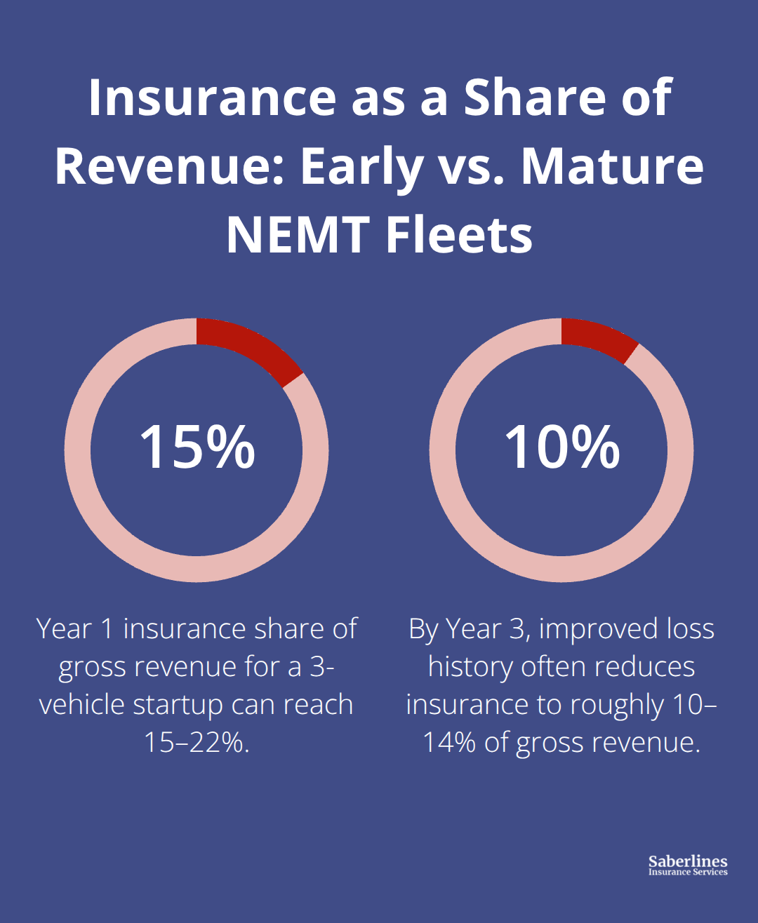 Chart comparing insurance costs as a percentage of gross revenue for new versus mature NEMT fleets in the United States.