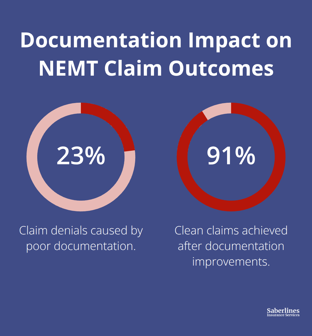Chart comparing claim denials and clean claims before and after documentation improvements in NEMT operations