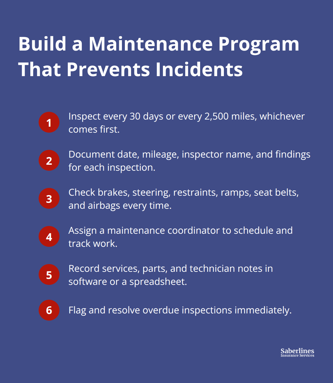 Compact checklist of core NEMT vehicle maintenance program actions. - NEMT risk management