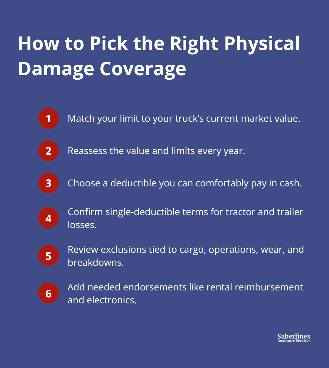 Compact checklist of steps to select physical damage coverage. - Physical damage trucking insurance