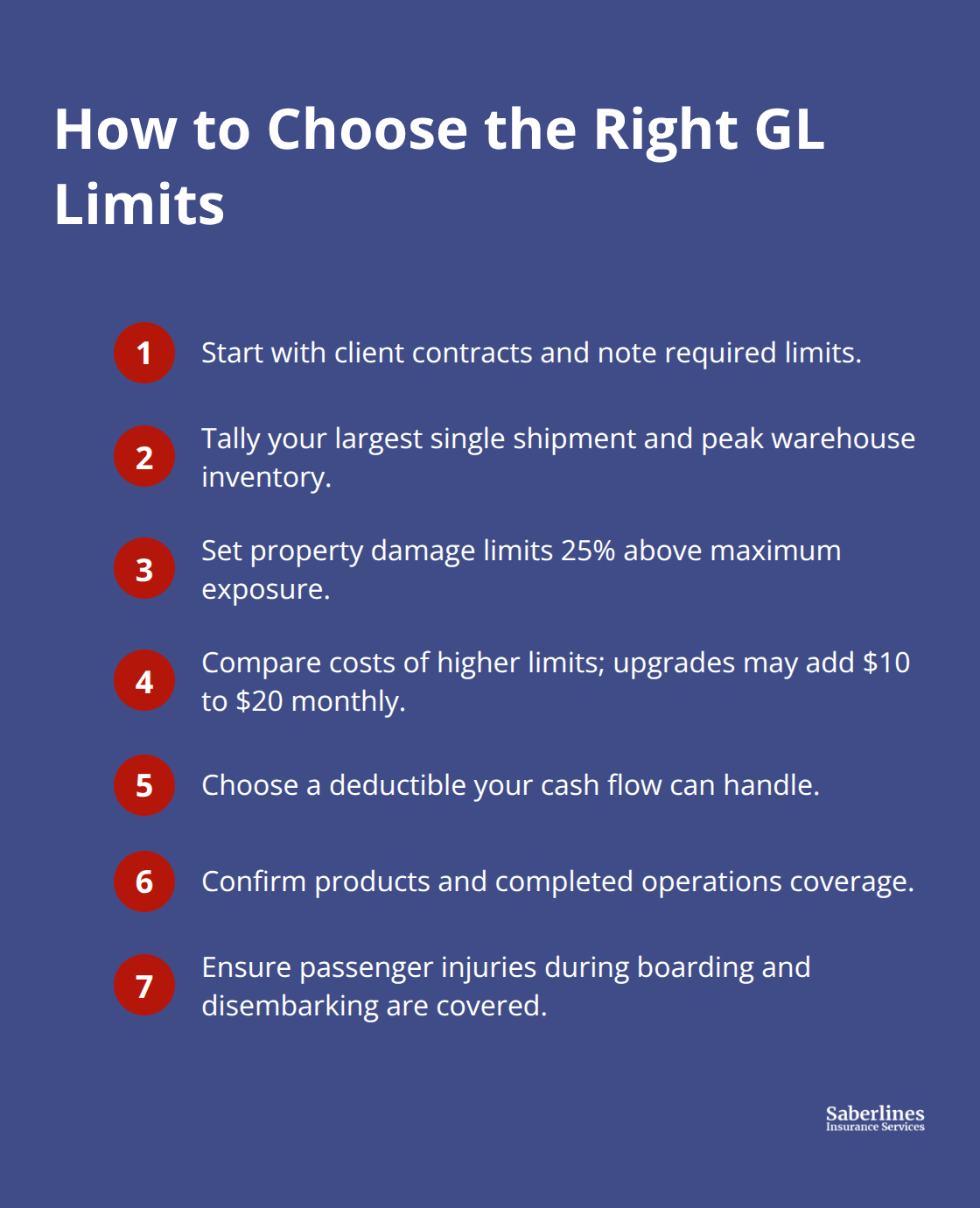 Compact checklist of steps for U.S. transportation companies to select general liability limits.