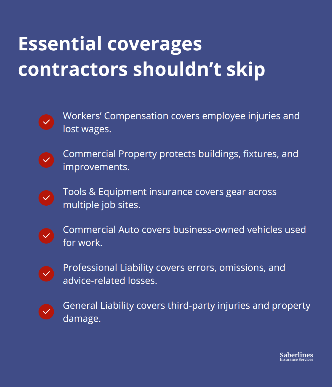 Checklist of key insurance coverages contractors need to protect people, property, and vehicles - contractor business insurance