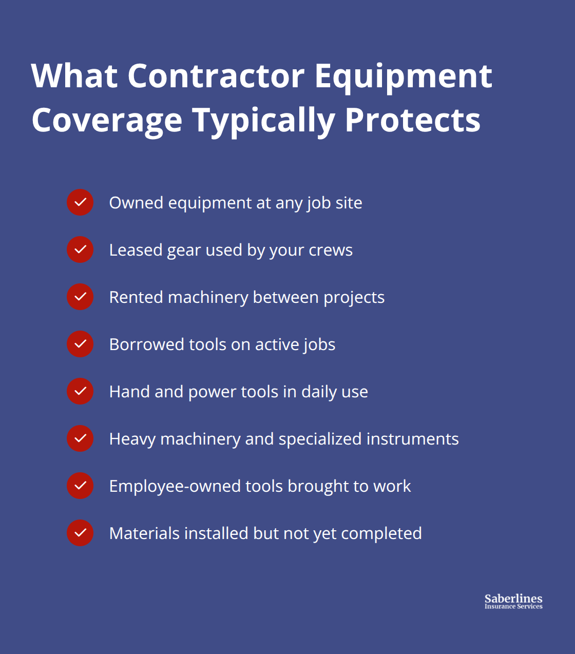 List of contractor equipment items commonly covered across job sites and in transit