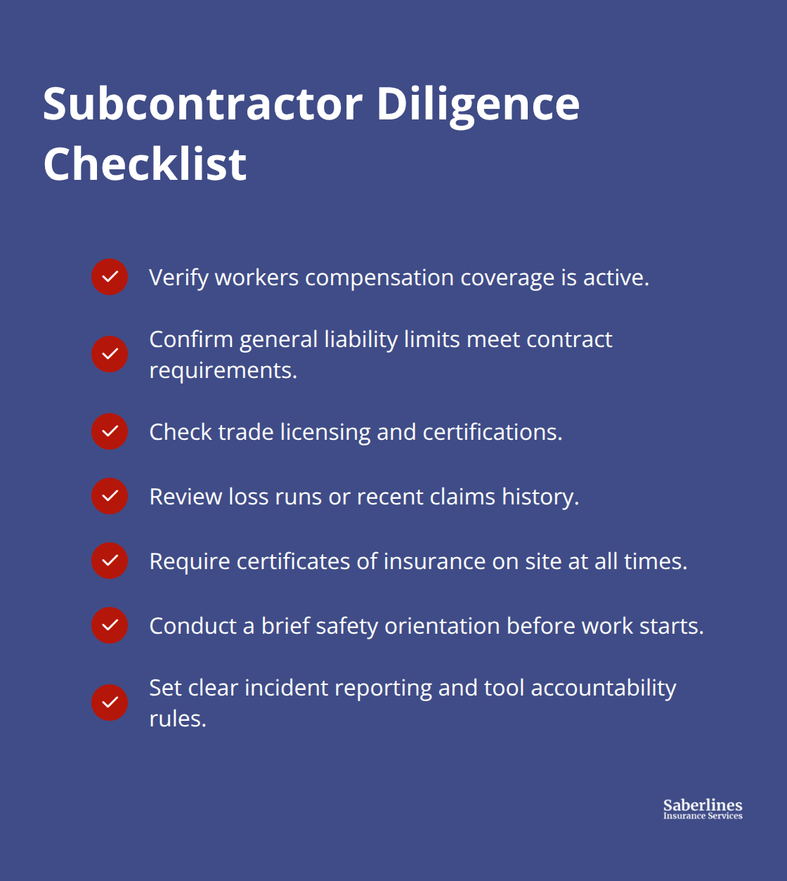 Checklist of must-do steps to vet subcontractors and reduce delay and defect risk. - contractor risk management insurance