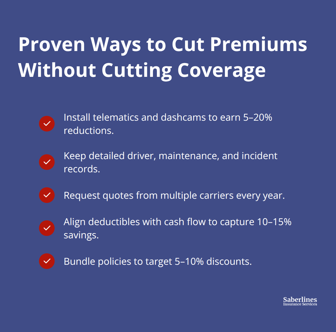 Checklist of concrete steps small fleets can take to lower California general liability premiums.