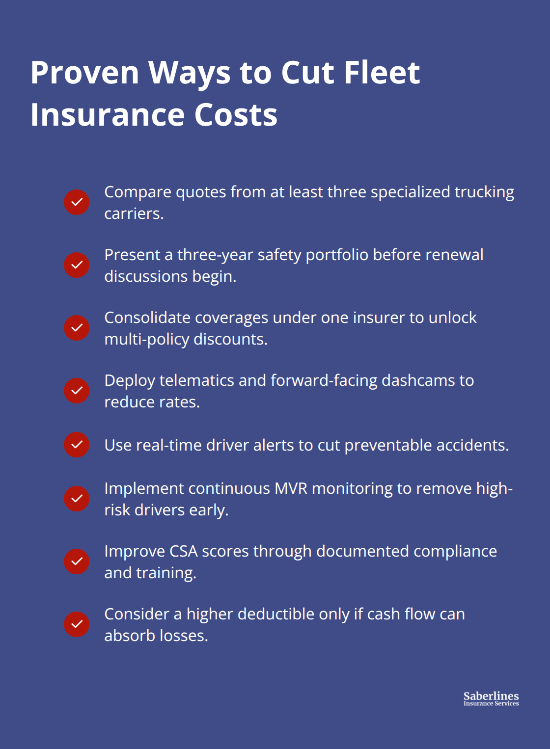 Checklist of tactics fleets can use to lower insurance premiums without losing protection - truck insurance for fleets
