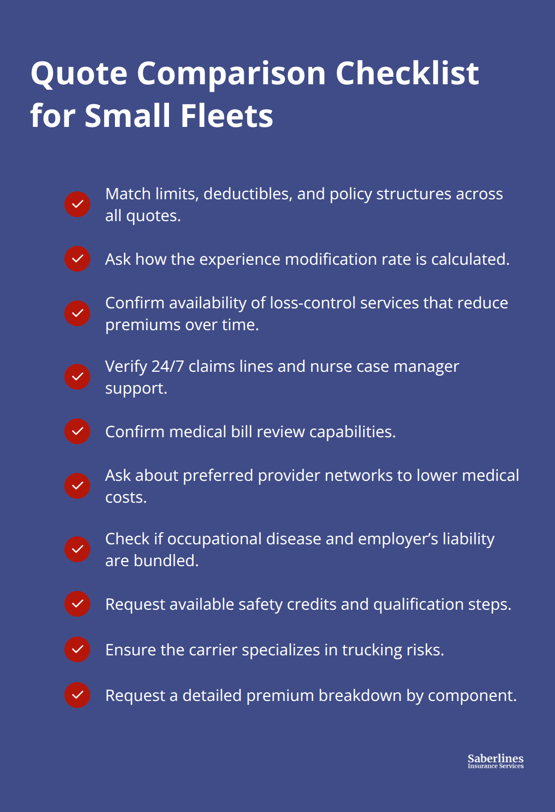 Checklist of key questions and requirements to compare workers compensation quotes for U.S. small fleets - workers compensation coverage options
