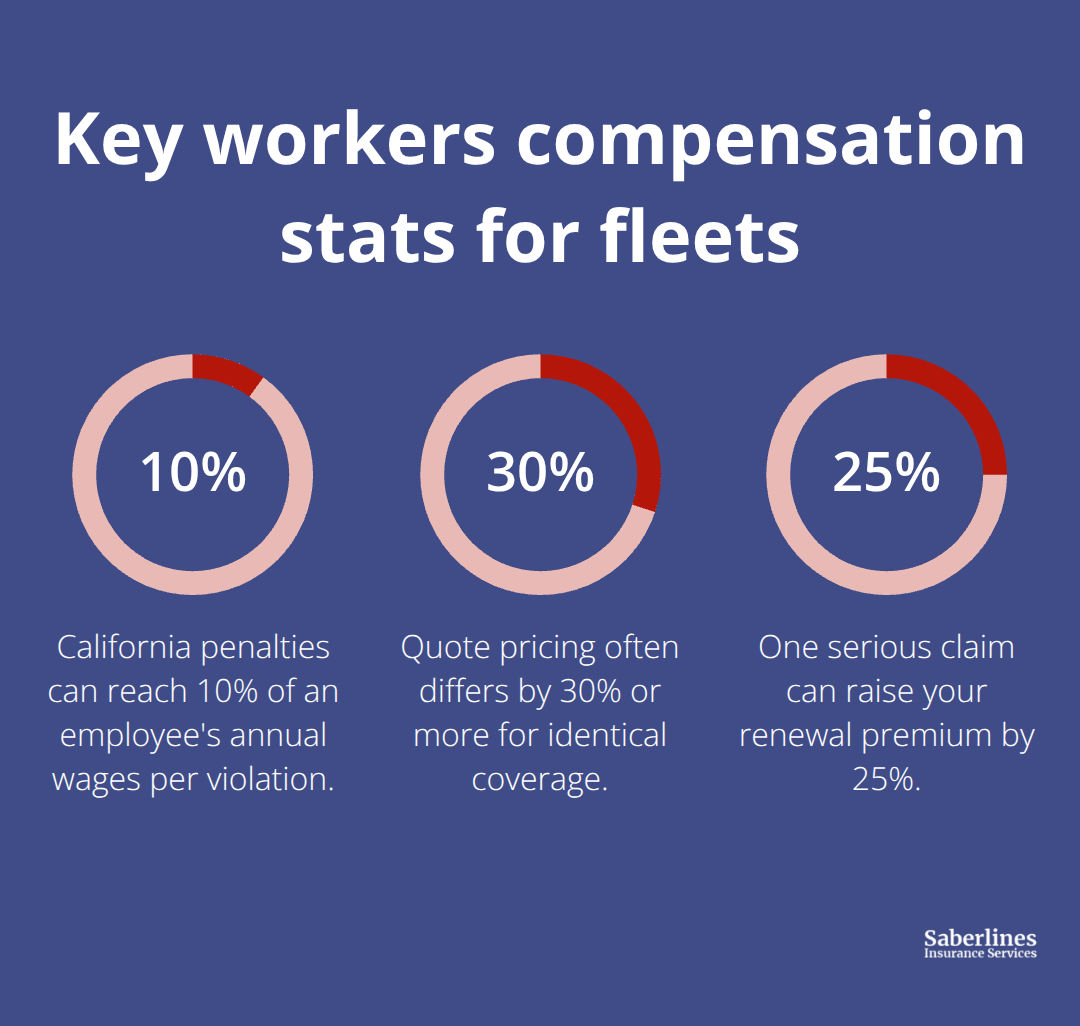 Three percentage highlights showing penalties, price variation, and claim impact for U.S. fleet workers compensation.